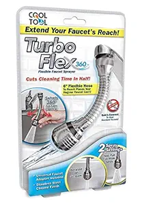 Kitronics Stainless Steel Chrome Finish 360 Degree Rotating Turbo Flex Flexible Water Saving Nozzle Adapter Sprayer Faucet Extender tap for Kitchen Sink and Bathroom Size 6 inch Silver