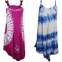 Mogul Interior Womens 2pcs Tank Dress Rayon Embroidered Gypsy Chic Beach Dress M Pink Blue