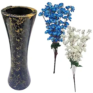 India Meets India Handmade Wooden Flower Vase w/14 (Blue & White) Artificial Flowers Sticks [12