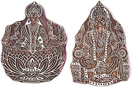 Wonderlist Handicrafts Laxmi Ganesh Wooden Printing Stamp Block Hand-Carved - Set of 2
