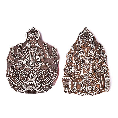 Wonderlist Handicrafts Laxmi Ganesh Wooden Printing Stamp Block Hand-Carved - Set of 2