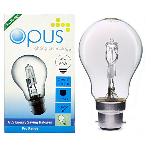 10 x Opus 42w = 60w GLS BC B22 Bayonet Cap Long Life Clear Eco Halogen Light Bulbs Dimmable Energy Saving Lamps Pack