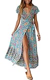 ❤️❤️ STILVOLLES DESIGN - Unsere Kleider sind einfach und stilvoll, perfekt für alle Gelegenheiten! Boho; V-Ausschnitt; Maxi; Kurze Ärmel; Strand; lange; hoher Schlitz; hohe Taille; Blumen; wickeln; eine Linie.