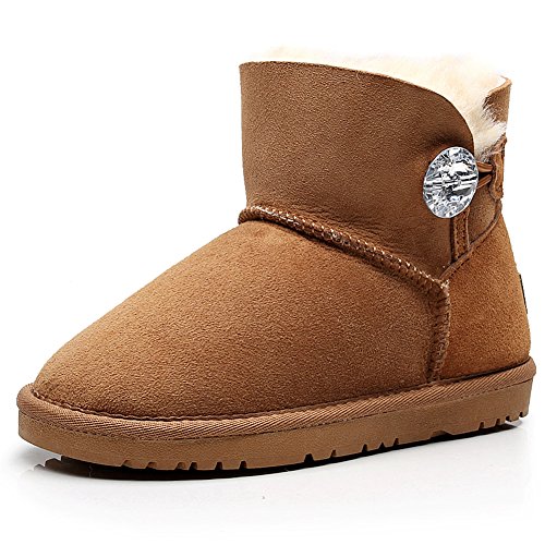Shenn Ragazze Classico Bottone Inverno Caldo Scivolare su metà Polpaccio Scamosciato Pelle Stivali da Neve SN3801 (Tan, 26 EU)