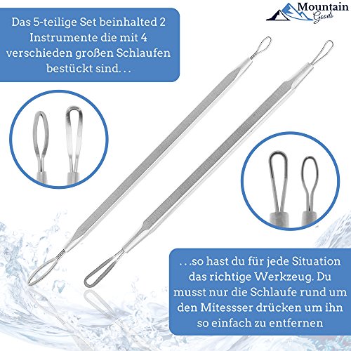 Mitesserentferner | Nummer 1 aus dem Testbericht | Das Original von MountaingGoods | 5-teiliges Mitesser,- Pickelentferner Set | E-Book: 7 Tipps für eine gesunde und schöne HautKomplettes Profi Set aus 5 verschiedenen Instrumenten | Mitesserentferner – Komedonenquetscher | Behandlung fÙr Pickel, Mitesser und Pusteln | FÙr unreine Haut | Speziell geformte Werkzeuge | Mit Anleitung in Form eines eBooks fÙr die richtige Anwendung | Qualitativ hochwertige Instrumente mit edler Metallbox - 3