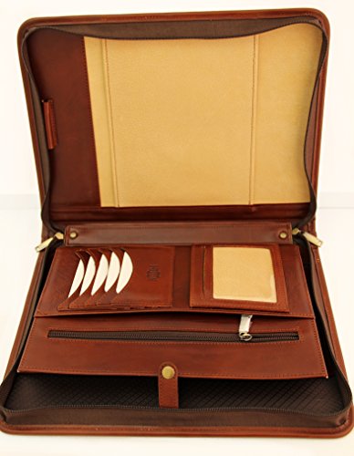 Italian Leather Portfolio, Zipped Conference A4, Folder, Padfolio, Leather Folio With Handle (Brown)