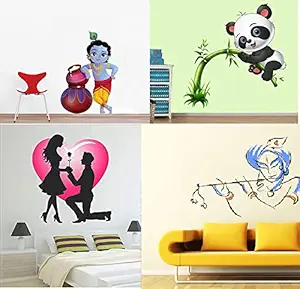 Ghar Kraft Set of 4 Self Adhesive Wall Sticker Cute Bal Krishna Makhan Chor , Cute Panda On Tree, alentine My Love and Bansidhar Wall Sticker for Puja Room Home Living Room Bedroom Kids Room