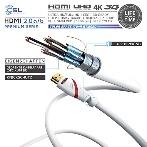5m – Ultra HD 4k HDMI Kabel – High Speed with Ethernet – Kabel 3 fach geschirmt / inkl. Stecker- und Kontaktschirmung – 4K Ultra HD 2160p bei 60 Hz / Full HD 1080p – 3D / ARC / CEC – weiß - 3