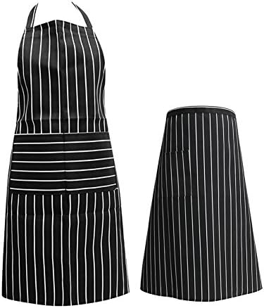 Abodellen 2Pcs Unisex Black&White Navy Chef Cooking Stripe Aprons for Kitchen, Shop, Bar, BBQ with Double Functional Front Pockets