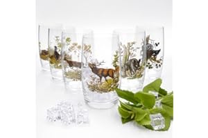GTK - Geweihe & Trophäen KRUMHOLZ Longdrink Gläser 6 tlg.Set 400ml Höhe 13 cm Glas mit farbigen Jagd Dekor Motiv im Geschenk Karton