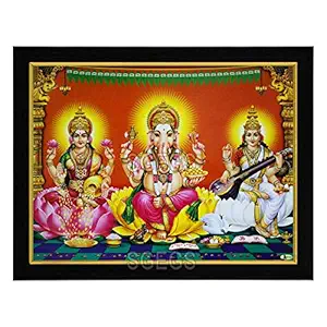 SHREE GANESH ENTERPRISE GIFTING SOLUTIONS Ganesh Lakshmi Saraswati HD Photo Frame God Goddess Painting Diwali Pooja Wall Hanging (Wood, Poster with Frame, Multicolour, 31x1x25cm)