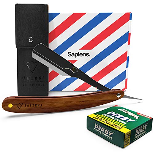 Navaja de Afeitar de Barbero Tradicional de Sapiens - 1 Año de Afeitado - Set con Accesorio Profesional de Afeitado de Barba, Estuche, Bolsa de Tela y 100 Cuchillas Derby Professional