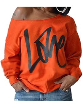 ZIOOER New Arrival Damen Pulli eine Seite Schulterfrei Love Langarm T-Shirt Rundhals Ausschnitt Lose Bluse Hemd...