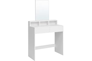 VASAGLE Toeletta con Specchio Grande, Postazione Trucco con 2 Cassetti e 3 Scomparti, Tavolo da Trucco, Stile Moderno, Bianco RDT113W01