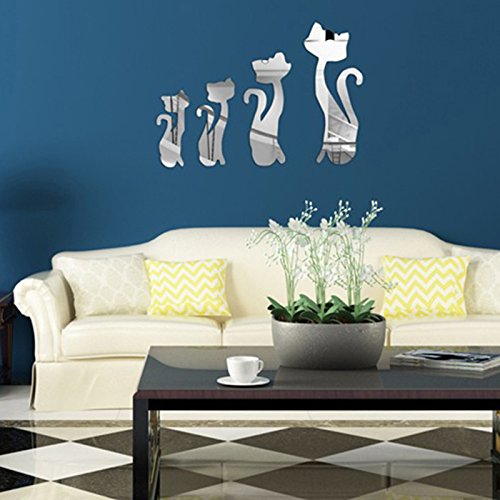 Walplus Spiegel Wall Art „Katzen Aufkleber Abnehmbare Wandbild Aufkleber Vinyl Home Dekoration DIY Living Schlafzimmer Décor Kids, Silber - 5