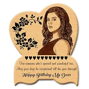 GFTBX Happy Birthday Personalized Engraved Heart Shape Wooden Photo Plaque Gifts for Women (8 x 5 inches, Brown)