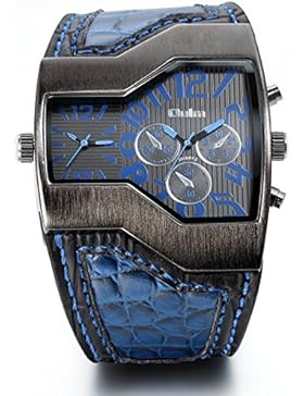 JewelryWe Herren Armbanduhr, Leder Legierung, Casual Analog Quarz Sportuhr Blau Leder Armband Uhr mit Digital...