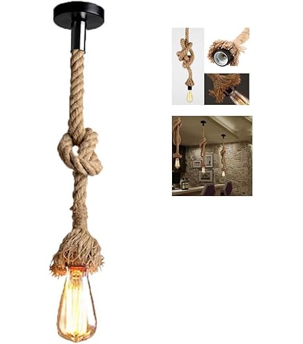 Ancien Corde De Chanvre Lustres Rétro Suspensions Bambou Lampe Lumière