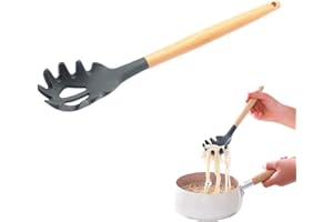 : GaoBangM Spaghetti Spoon, 32cm/12.6inch Durable Heat-Resistant Silicone Pasta Spoon, Comfortable Wooden Handle,Tasty Spaghetti Spoon with Portioner, Pasta Spoon, Non-Stick, Safe Cooking Tool