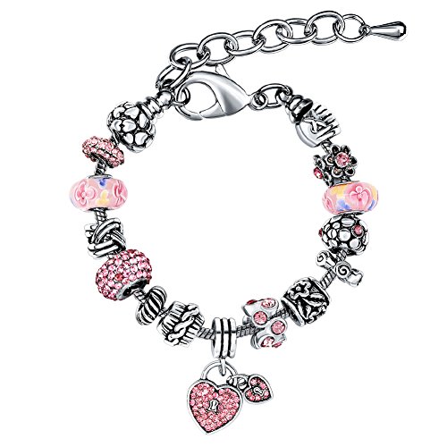 Bracelet Femme MANBARA Bracelets de Charme à Coeur Double Femmes Avec Perles Strass Couleur Rose