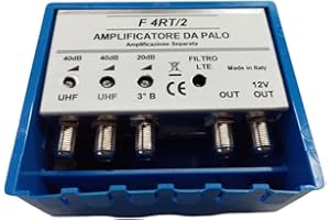 Vsnetwork Amplificatore Antenna TV da Palo con Filtro Lte/5G, Guadagno Massimo 40Db Regolabile, 2 Uscite, 2 Ingressi Uhf +1 Vhf, Bande separate
