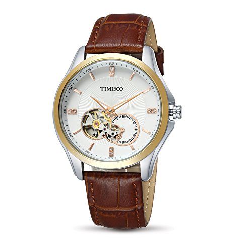 Time100 Herrenuhr Armbanduhr Skelett Uhr mechanische Automatikuhr Edelstahl Leder Braun #W60017G.03A
