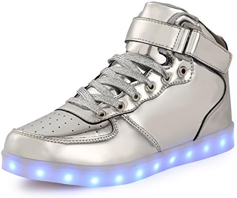 TULUO Kid &amp; Men &amp; Woman USB Charging LED 7 Colors Light High Top Sneakers Light Shoes Silver 43 EU - 9 UK