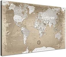 LanaKK - Weltkarte Natur mit Kork R&uuml;ckwand - edel Leinwand Bild Kunstdruck auf Keilrahmen, Pinnwand f&uuml;r Weltenbummler 100 x 70 cm, einteilig