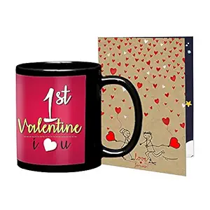 L.O.F Lords of Fashion First Valentine Combo of Black Ceramic Mug with Greeting Card (L-3, Multicolour)
