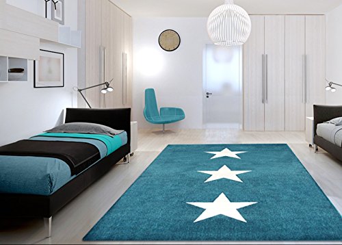 Wohnzimmer Teppich Blau Weiss mit Sternen | Teppiche m. ÖKO-TEX geeignet fürs Kinderzimmer oder Babyzimmer | Flache Kurzflor Läufer für Teenager Jugendzimmer mit Stern-Motiv, Größe:160×230 cm - 4