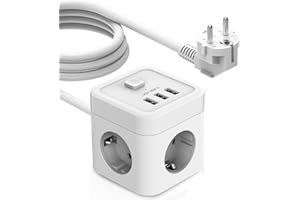 JSVER - Regleta, de Cubo, 3 Tomas, 3 Puertos USB, Cargador (3680 W, 16 A), Protector contra sobretensión, pararrayos, Interruptor, Cable de 3 m, Blanca