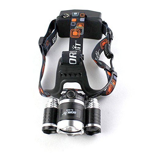 Caloics Kopflampe, Boruit® Stirnlampe mit 5800 Lm, wasserdicht und wieder aufladbar mit 3 Stück XML L2 LED. Super Helle Taschenlampe mit 4 Modi aus Aluminium als Arbeits-Licht, Fahrradleuchte, Taschenlampe für Camping ,Wanderungen, Jagd und mehr - 4