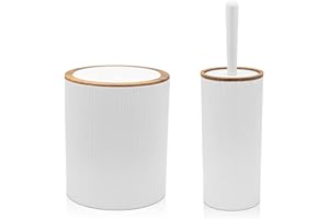 Inbagno Set da 2 Pezzi Porta scopino e Pattumiera 5lt, in plastica Bianco, con Dettagli Effetto Legno, Serie Blob