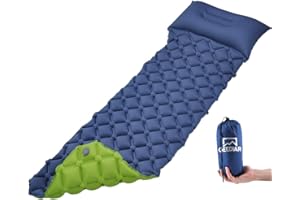 GEEDIAR Inflatable Sleeping Mat Ultralight Camping Mattress with Pillow, Waterproof Double-Sided Color Sleeping Pad, Folding Inflating Single Bed Portable Air Pad for Trekking Backpacking (Blue+Green)