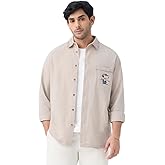 The Souled Store Peanuts: The Good Life Men and Boys Long Sleeve Spread Collar Beige Embroidered Casual Everyday Office Wear 