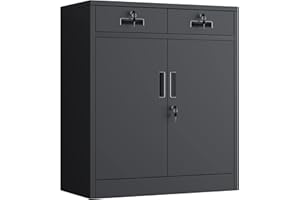 JINGUR Metal Storage Cupboard with Locking Doors and 2 Drawers, Lockable Storage Cabinet with Adjustable Shelf for Home Office and Garage (Black)