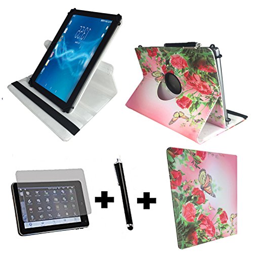 3er Starter Set für YUNTAB 3G Tablet PC Tasche + Stylus Pen + Schutzfolie - 10.1 Zoll Schmetterling Rose 360_