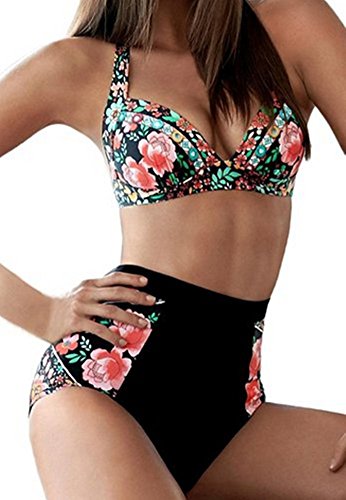 CharmLeaks Damen Bikini Set Retro Blumen Muster Hoher Bund Gepolsterte Körbchen Bügellos - 3
