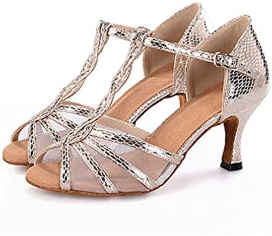 Women's Latin Leatherette Sandal Sneaker Heel Performance Buckle Animal Print Hollow-Out Flared Heel Black Silver Gold Gold-US5/EU35/UK3/CN34