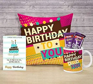 TIED RIBBONS Birthday Gifts Combo for Girls Boys Boyfriend Girlfriend Friend (Coffee Mug, Cushion Cover with Filler (12 X 12 Inch), Greeting Card and Chocolates)