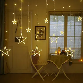 Quace 12 Stars Curtain String Lights, Window Curtain Lights with 8 Flashing Modes Decoration for Christmas, Wedding, Party, Home, Patio Lawn, Warm White - Warm White