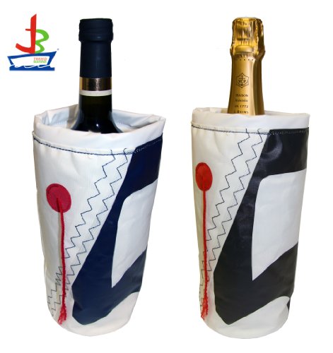 Weinkühler Wine Cooler für eine Flasche Wein Sekt oder Champagner – bester Softweinkühler in maritimem Design für 1 Flasche – Farbe: Weiß – Marineblau mit Trimmfaden – Kühler zum Anhängen - 2