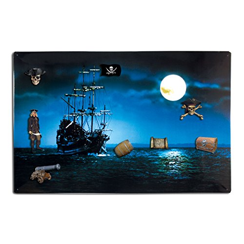 Magnettafel Piratenschiff – Fantastische Design Metall Magnetpinnwand 60x40 cm – Memoboard Pinnwand mit Motiv: Karibik Seeräuber Schiff – inkl. 8 Magnete für Magnetwand: Pirat Flagge Karte Schatzkiste Weinfass Kanone Totenköpfe - Original GUMA Magneticum®