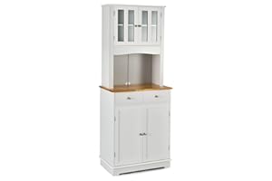 COSTWAY 170cm Tall Kitchen Cupboard, Buffet Pantry Storage Cabinet with Rubber Wood Countertop, Tempered Glass Doors, Adjustable Shelves & 2 Drawers, Dining Room Wooden Sideboard Organizer (White)