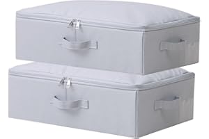 Amonsen Pack of 2, 52X36X16cm, Shallow Folding Storage Baskets with Zip Soft Cover, Underwear, Socks, Groceries Organizer Box, Light Gray