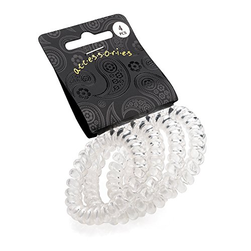 PACK OF 4 CLEAR 5cm TELEPHONE CORD WIRE HAIR BANDS SPRING ELASTICS COILS BOBBLE.