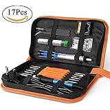 Chosure Soldering Iron Kit Full Set 60W 220V with Adjustable Temperature Welding Iron, 5pcs Tips, Desoldering Pump, 2pcs Tweezers, Tin Wire Tube, Stand and 6pcs Aid Tools in PU Carry Bag