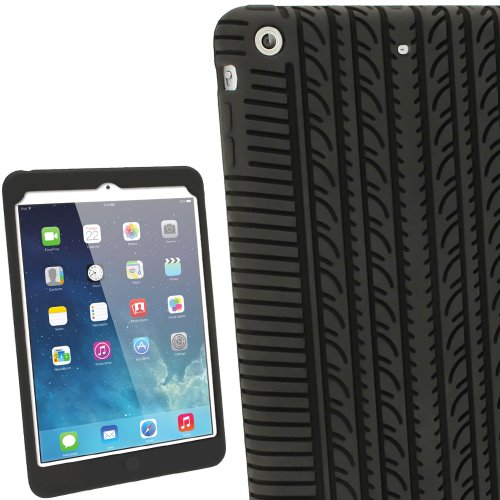 igadgitz Schwarz Silikon Skin Tasche Hülle Etui Case Cover mit Reifenprofil für Apple iPad Mini 1. & 2. Generation mit Retina Display + Displayschutzfolie