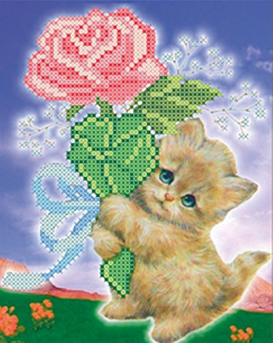 Stickbild mit Perlen komplette Stickpackung Katze Rosen 14x17 Stickset Stickerei Set Handarbeit Stickvorlage vorgedruckt vorgezeichnet Bild zum selber sticken