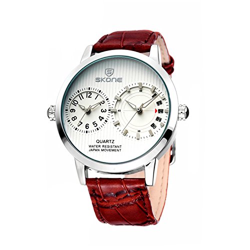 Fenkoo Herren-Business-Stil zwei Zeitzonen Lederband Quarz-Armbanduhr (farbig sortiert)